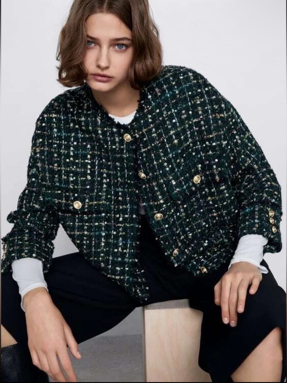 Zara Dark Green Tweed Jacket with Gold Buttons